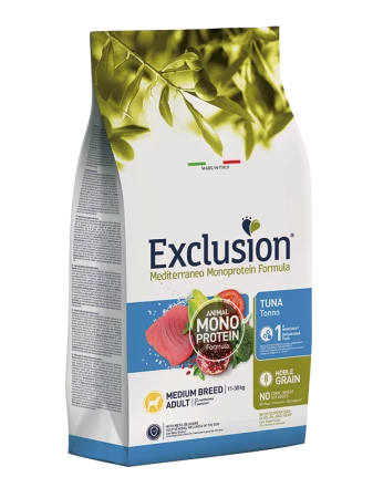 EXCLUSION MEDITERRANEO NOBLE GRAIN ADULT TONNO MEDIUM BREED KG 12 3 EXCLUSION MEDITERRANEO NOBLE GRAIN ADULT TONNO MEDIUM BREED KG 12